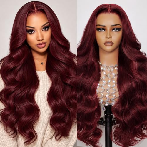 DOLLY PRETTY 30 Inch 13x6 99j Burgundy Wig Human Hair 200% Density Hd Body Wave Lace Front Glueless Red Wigs Human Hair