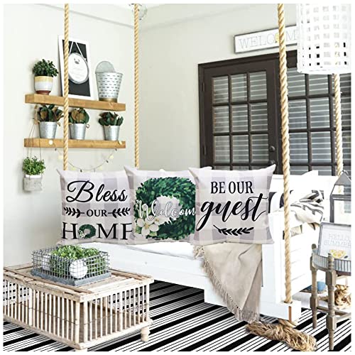Nydecor Farmhouse Pillow Covers Be Our Guest Pillow Cover Stay Awhile Throw Pillow Case Buffalo Plaid Wreath Bless Our Home Cushion Cover For Couch Sofa Bed 18X18 Set Of 4 #TOP4