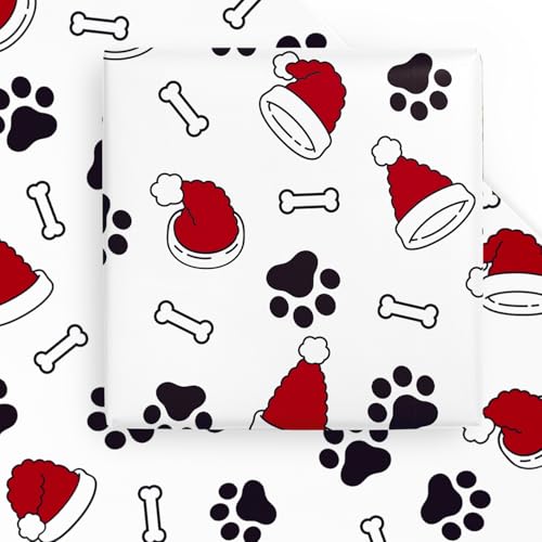 WRAPAHOLIC Christmas Wrapping Paper Sheet - 6 Sheets Christmas Hat and Dog Paw Design Folded Flat for Holiday Party Celebration - 19.7 Inch x 27.5 Inch Per Sheet
