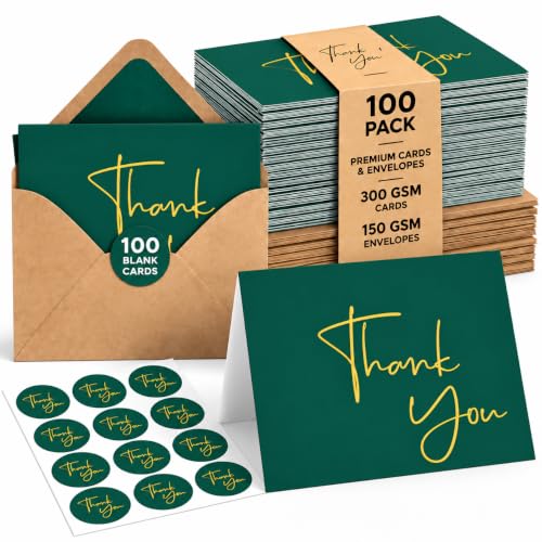 VNS Creations Thank You Cards With Envelopes - 100 Pack 4 x 6 Blank - Green | Thick 300 GSM, Thank You Notes Bulk Box Set & Stickers, Large Note Card Small Business, Wedding, Baby Shower & Bridal Shower