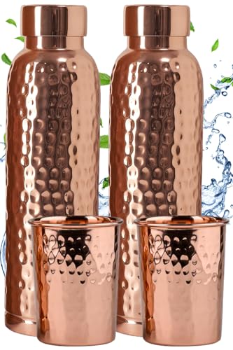 Image of Set of 2 Copper Water Bottles with Cups - 34 oz Hammered Finish Pure Copper Bottles with Drinking Cups | Leak-Proof Vessel for Yoga, Gym, Office & Travel