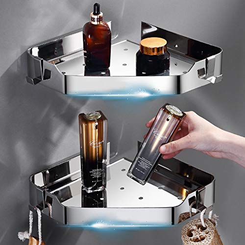 YUDOXN Estanteria Ducha Autoadhesivo, Estante Ducha Acero Inoxidable, Estantería de Esquina para Baño Ducha,Estantes para Ducha de Acero Inoxidable 304 con Gancho para Colgar （2 Piezas 丨plata）