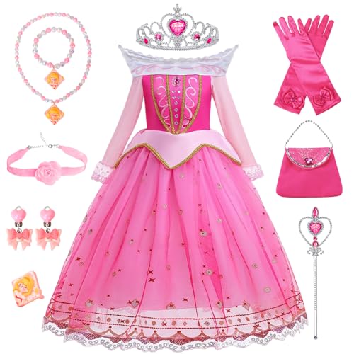 TOSZOLY Disfarce princesa menina, vestido de princesa aurora com conjuntos de colar de coroa, vestido menina para meninas de 3 a 8 anos, cosplay carnaval dia das bruxas festa fato