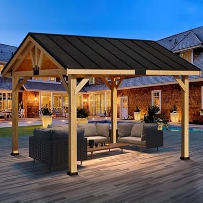 MELLCOM 11x12 FT Spruce Wood Solid Wood Hardtop Gazebo, Waterproof Asphalt Roof Gazebo for Patio, Lawn, Garden, Easy Installation