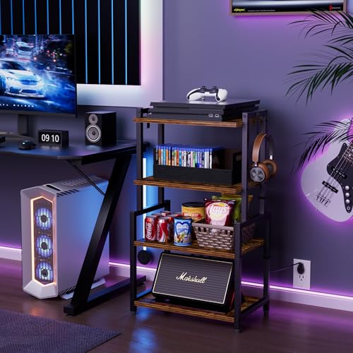 4-Tier AV Media Corner Shelf, Game Console Stand with 2 Hooks, Stereo Audio Component Rack, Small Entertainment Center for Living Room, Gaming Room, Music Studio, Rustic Brown - Image 3