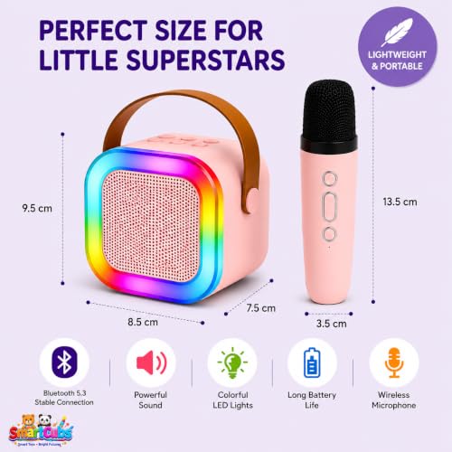 Image of Karaoke Speaker with Wireless Mic for Kids & Adults | Pink Bluetooth Karaoke Machine with RGB LED Lights, Rechargeable Portable Speaker, Stereo Sound | Birthday Gift for Girls & Boys