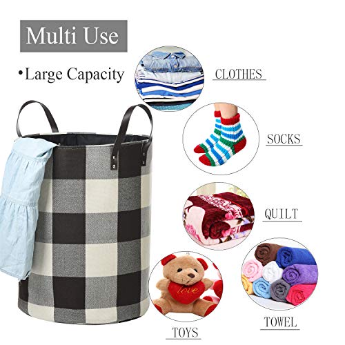 Haundry Foldable Large Laundry Hamper With Durable Leather Handles, 22'’ Tall Large Round Laundry Basket For Clothes Storage, Brown Buffalo Plaid #TOP4