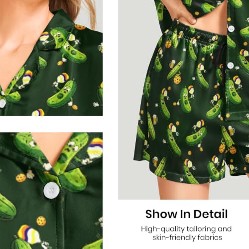 Image of Funny Satin Pajamas Set for Women Button Down Sleepwear Print Pjs Set 2 Piece Short Sleeve Loungewear Gift for Women