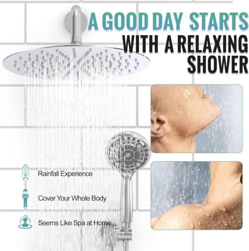 Image of SR SUN RISE Shower Faucet - 12 Inch Multifunctional High Pressure Shower Head System with Handheld Shower Head Fixtures - Valve Included - Polished Chrome