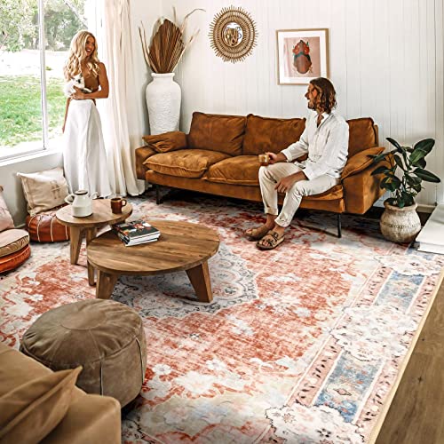 MUJOO-Boho-Rug-3x5-Machine-Washable-Area-Rugs-Small-Non-Slip-for-Entryway-Bedroom-Bedside-Kitchen-Hallway-Living-Room-Laundry-Indoor-Mat-Soft-Low-Pile-Floral-Orange-Navy-Blue