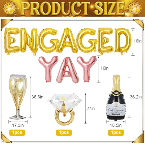 Image of Gold Engagement Party Decorations, Engaged Yay Balloons Letters Banner, Diamond Ring Black Champagne Bottle Balloon Glass Foil Balloon for Bachelorette Engagement Wedding Bridal Shower Party Supplies
