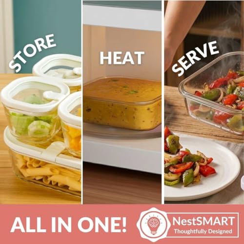 Image of Nestasia Vento Glass Containers with Lid Set of 5 (220ml x 4, 1320ml x 1) - Microwave, Refrigerator & Dishwasher Safe Containers with Air Vent Lid for Fridge Storage (Cream)