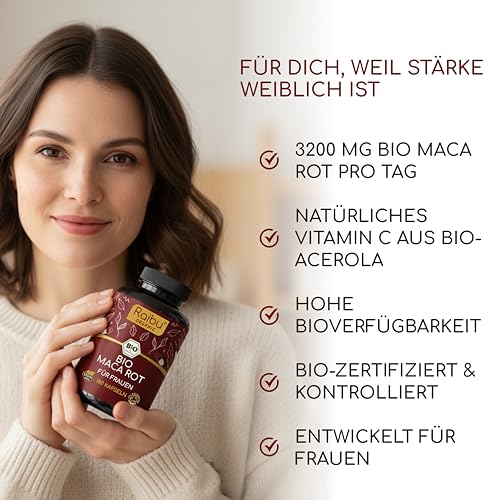 Bio Maca Rot, 180 Kapseln - 3.200 mg je Tagesdosis (entspricht 12.800 mg Maca-Wurzel aus Peru) Für Frauen - Mit natürlichem Vitamin C aus Acerola - Hochdosiert, vegan & laborgeprüft
