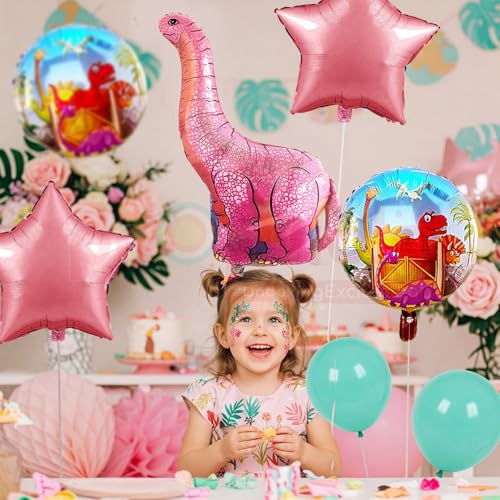Image of Propsicle Foil Pink Dinosaur Balloon Set, Jurassic Theme Happy Birthdfay Party Decorations, Pack of 5 Balloons