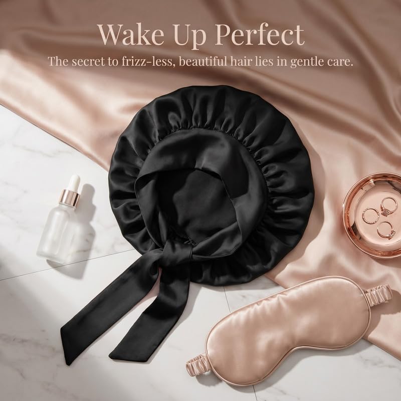 100% Mulberry Silk Bonnet for Sleeping Women, Double-Layer Sleep Cap with Tie Band, Sleep Cap for Hair Care Black