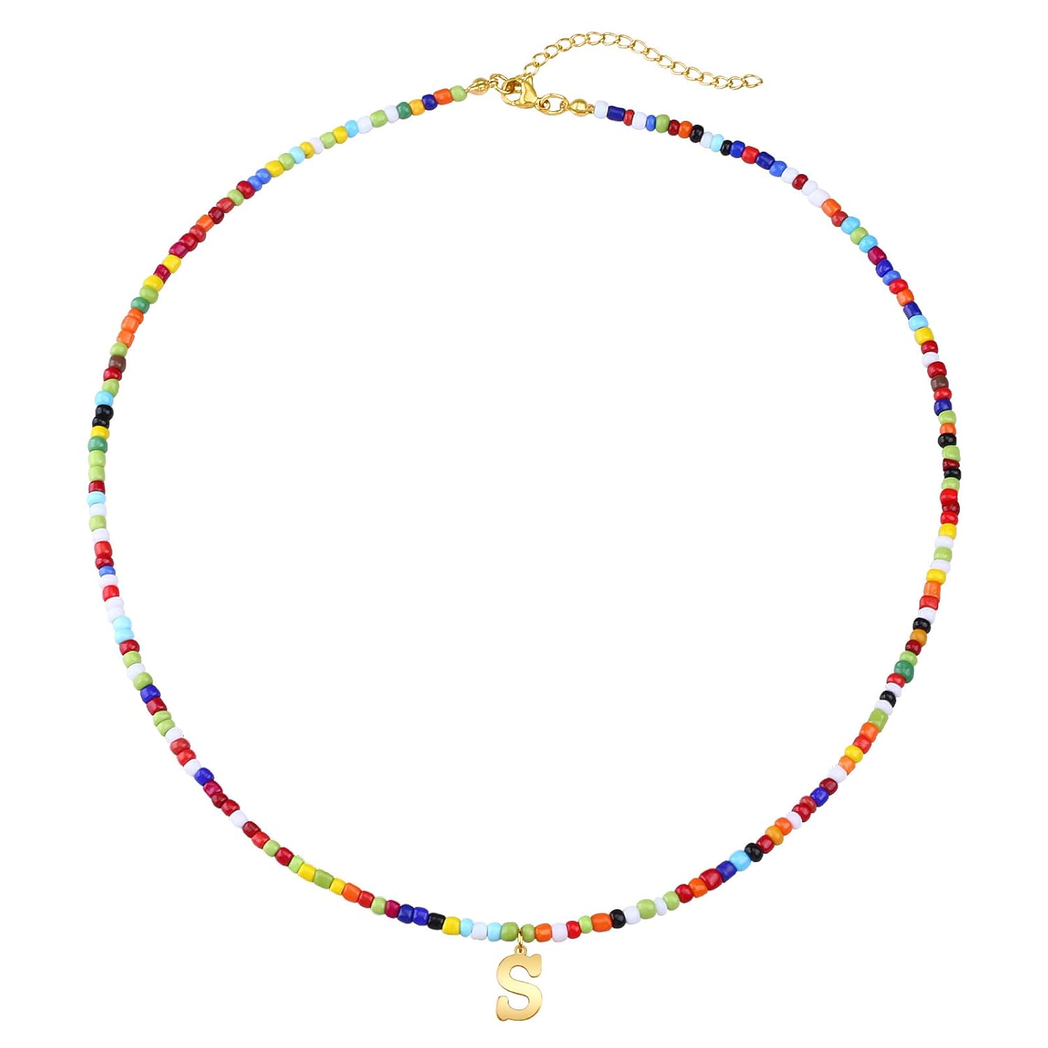 Cute Handmade Colorful Initial Necklace - Trendy Beaded Choker Necklace for Women Teens, Gold Letter Choker Necklace for Women Jewelry Gifts Best Friend (Boho Color, S) (Boho Color, S) Thumbnail