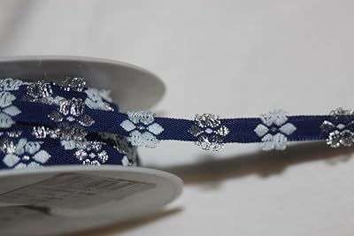 5 Yards Navy Blue Metallic Silver White Flat Daisy Sewing Trim 3/8