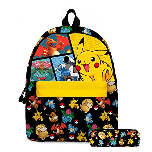 KIDZOY Anime Cartoon Backpack Set School Bookbags Travel Notebook Insulated Lunch Tote Box and Pencil Pouch for Kids Teen Men Women -School bag + pen bag