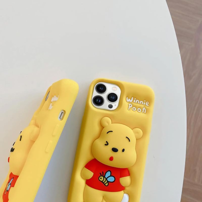 Image of Case Creation for iPhone 14 3D Cartoon Bear Pooh Case,Full Protective Winnie The Pooh Bee Animal Back Case with Holder Cute Soft Silicone Stylish Fashion Fun Aesthetic Cover for Apple iPhone 14
