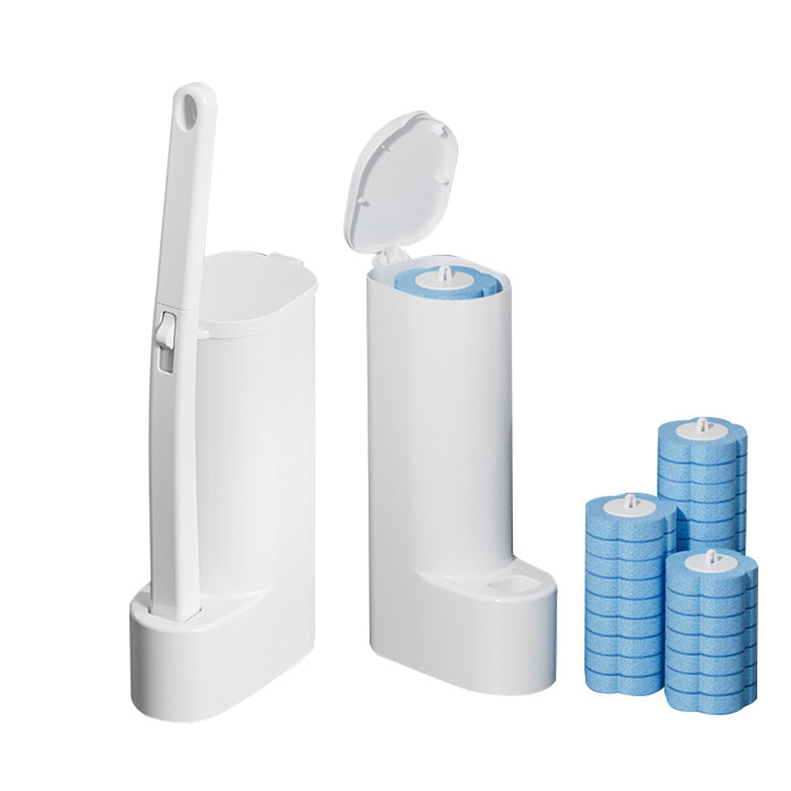 Escobillas de Baño Desechable, 2 Escobillas WC con Soporte de Pared, Escobilla WC Desechable con 24 Cabezales con Limpiador Integrado, Ahorra Espacio, Blanco