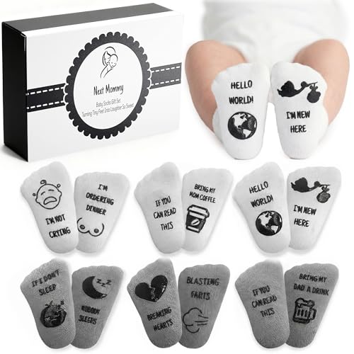 Image of NEXT MOMMY Baby Socks Gift Set – 6 Cute & Funny Non-Slip Socks for Boys & Girls | Baby 0-6 Months to 12-18 Months | Organic Cotton with Grips