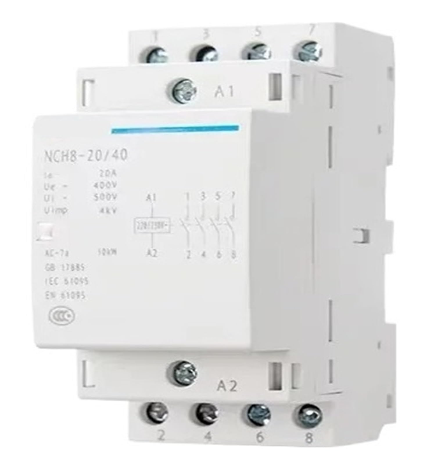 Domowy stycznik AC NCH8 20A 25A 40A 63A Din Rail, 1 sztuka, 220V 230V 380V 400V 1NO1NC 2NO 2NC 4NO 1 pojedynczy 3 trójfazowy (NCH8-20,4NO)