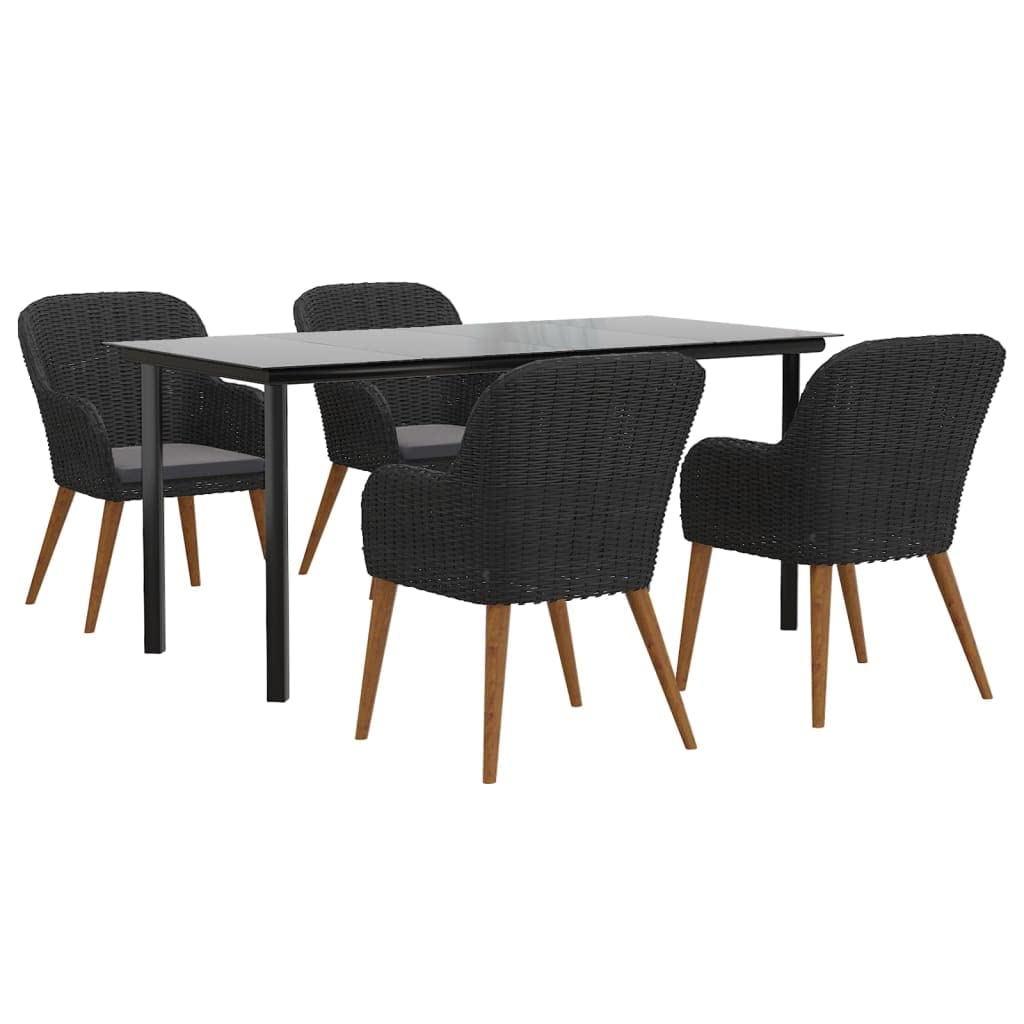Set di mobili da giardino da 5 pezzi, colore nero, 160 cm, in legno di acacia e polyrattan, con cuscini imbottiti, design moderno, robusto, per balcone, terrazza e giardino