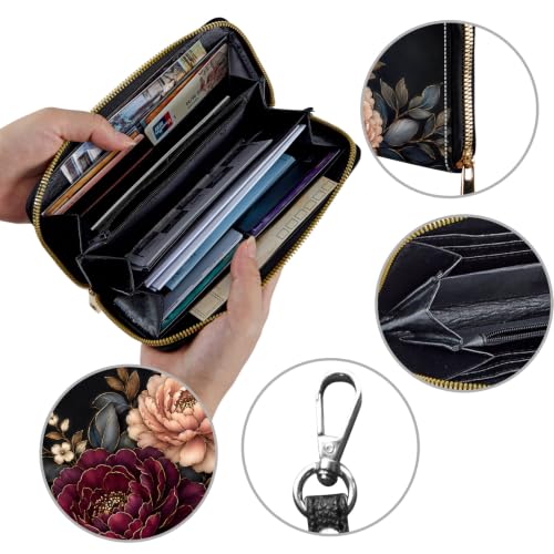 Image of Women's Wallets Credit Card Holder Money Leather Long Wallet | Long wallet with Wristlet,Large Capacity with Zip-Around Phone Purse for Women Ladies Girls,Peony Dark Floral