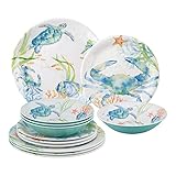UPware 12 Piece Sea Life Serenade Melamine Dinnerware Sets, Outdoor Dishes Set, Plates and Bowls Sets, Service for 4, Blue