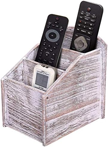 Rustic 3-Slot Wooden Remote Control Holder  Caddy Holder for Multimedia, Office or Desk Supplies  Modern Farmhouse Décor for Living Room  Distressed, Vintage WhiteColor