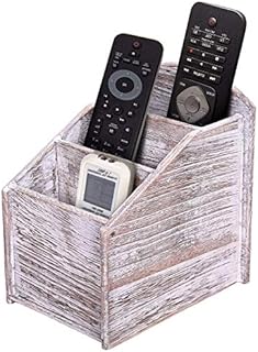 Rustic 3-Slot Wooden Remote Control Holder  Caddy Holder for Multimedia, Office or Desk Supplies  Modern Farmhouse Décor for Living Room  Distressed, Vintage WhiteColor