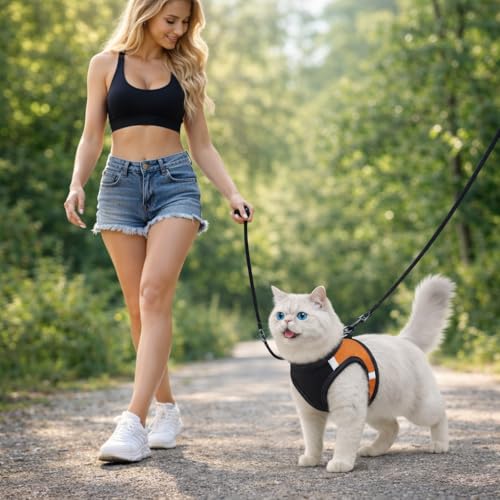 Image of Berlin's Cat Harness with Leash for Outdoor, Walking, Escape Proof, Air Mesh Fabric, Easy Control, Adjustable & Durable Cat Leash with Harness for Cats (Black-Orange, Small)