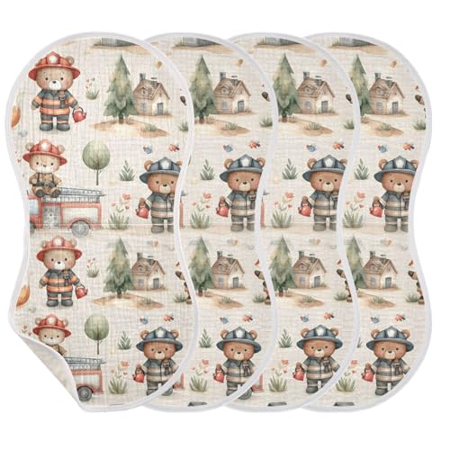 Muslin Baby Burp Cloths Set of 4, Soft Absorbent Cute Fireman Bear Cotton Burping Cloth, Milk Spit Up Rags for Newborn Unisex, 22 x 11 Inch2