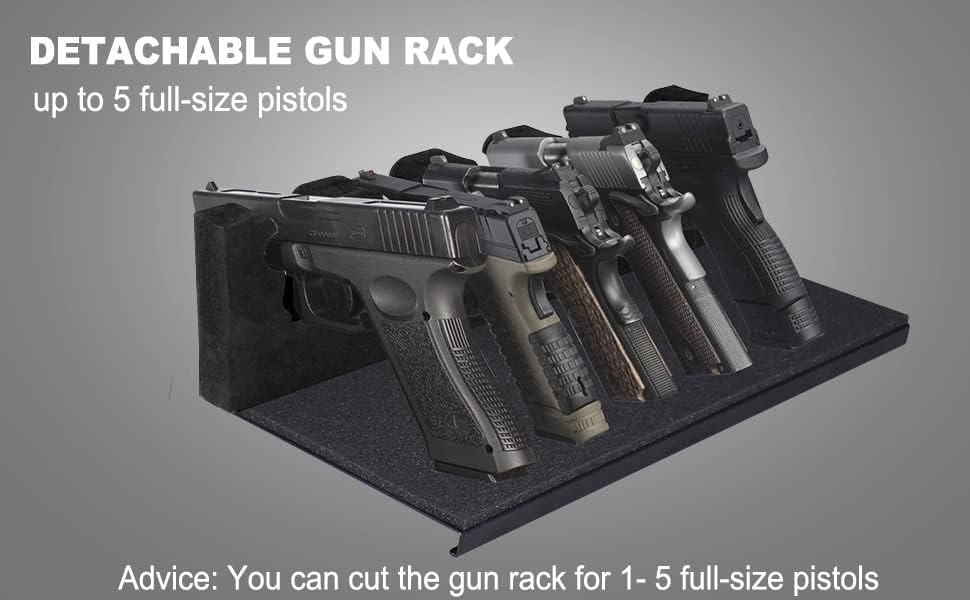 Detachable foam gun rack designed to hold up to 5 full-size pistols, shown inside the safe.