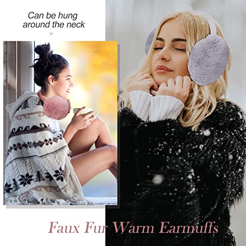 Satinior 2 Pieces Winter Ear Muffs Faux Fur Earmuffs Cute Foldable Outdoor Ear Warmers Faux Fur Ear Warmers For Women (Pink, Gray), One Size #TOP3