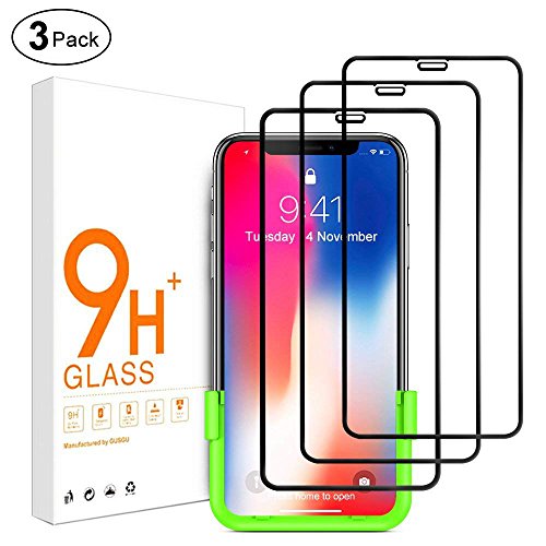 [3 Pack] GUSGU Screen Protector Compatible for iPhone X Full Coverage Tempered Glass Film [Easy Installation] 9H+ Hardness HD Compatible for 5.8 inch Apple iPhone 10
