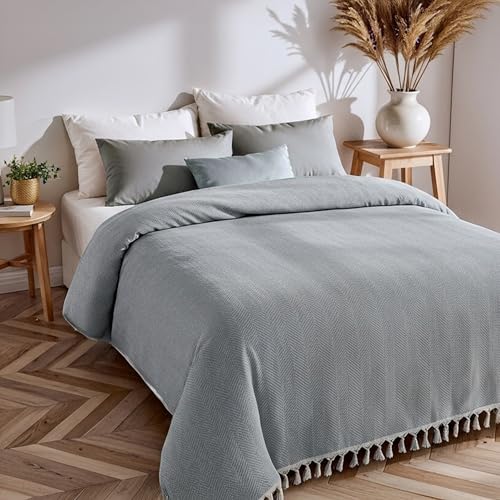 Loomvia Bettüberwurf und Tagesdecke 200x220 cm aus 100prozent Baumwolle | Anthrazit | Boho Baumwolldecke als Sofadecke, Sofaüberwurf | weich und atmungsaktiv
