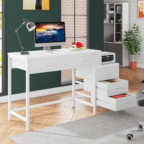 Image of Tribesigns Computer Desk with 5 Drawers, Home Office Desks with Reversible Drawer Cabinet Printer Stand, Industrial PC Desk with Storage, White Study Writing Table Workstation for Small Spaces