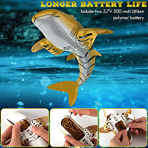 EsOfficce 2.4 GHz Remote Control Shark Toy , 1:18 Scale High Simulation Shark, RC Shark for Swimming Pool, Underwater RC Boat Toy Gift for Boys Girls Age 6+, Gold Yellow