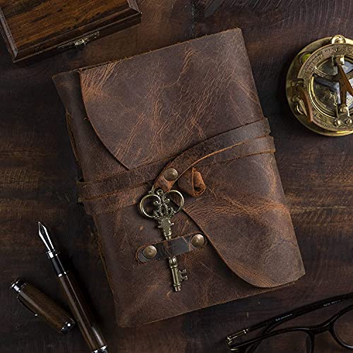 Leather Diary Writing Notebook Unique Handmade Embossed Travel Diary (Deckle Edge Paper Diary), 200 Pages