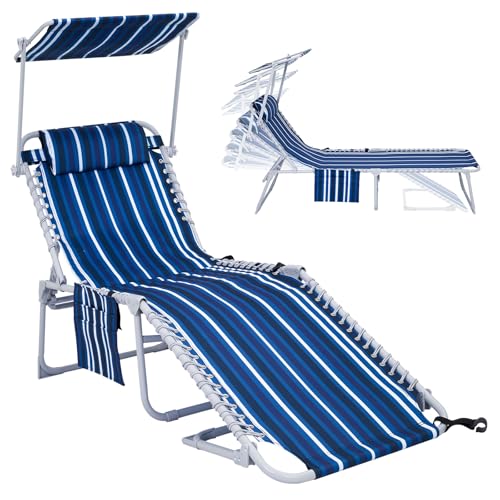 #WEJOY Folding Lounge Chair with Canopy Shade, Portable Adjustable 5-Position Patio Chaise Lounger with Pillow & Pouch for Lay Flat Outdoor Lawn Backyard Beach Camping Pool Tanning (Blue White)