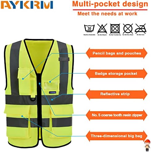 A-SAFETY Custom Logo Safety Vest - ANSI Class 2 High Vis Vest with Zipper & Pockets, Reflective Construction Gear (Yellow, L) - 2