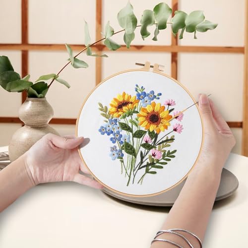 Image of Ohcol 3 Sets Embroidery Kit for Beginners Cross Stitch Kits Needlepoint Kits Crafts for Adults with 3 Embroidery Hoops Easy-to-Follow Operating Instructions,Needle Point Kits with Flowers Patterns