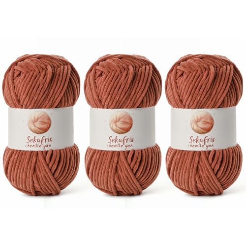 Image of Chenille Yarn for Crocheting, Size 5 Bulky,3 Rust