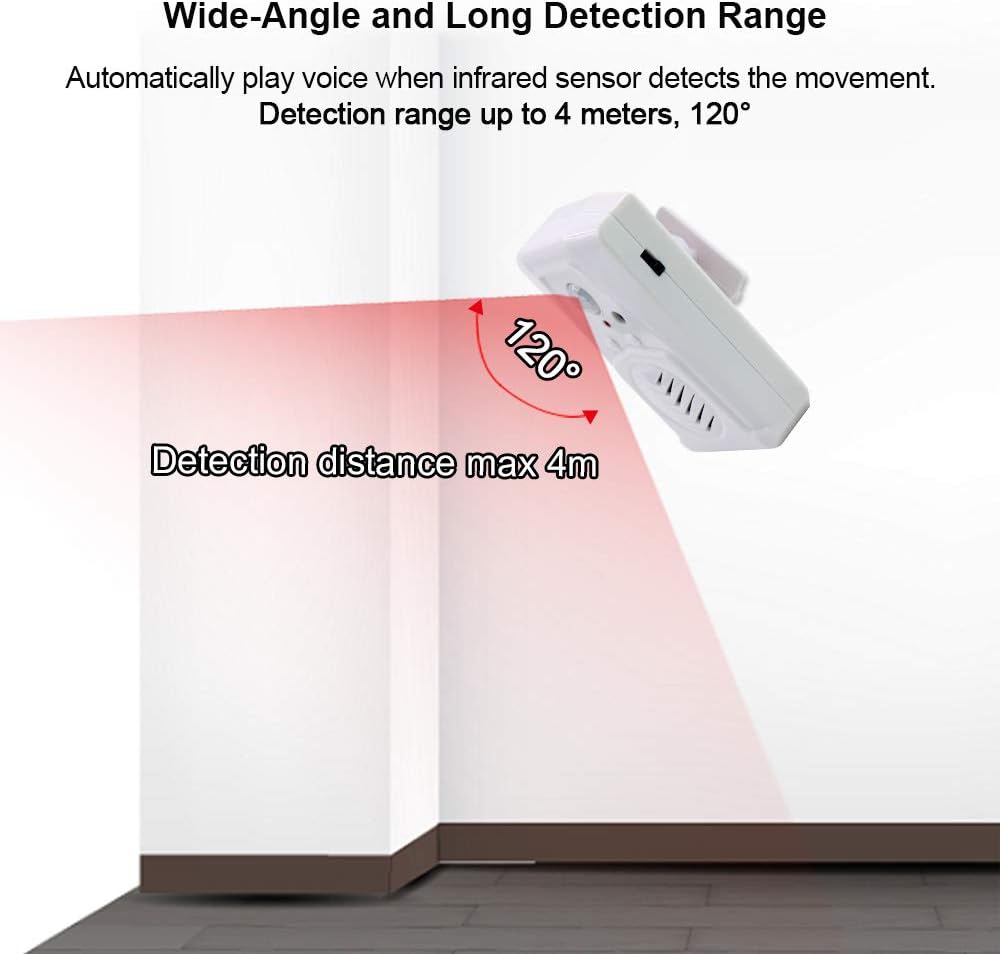 Infrared Motion Sensor Activated Sound Speaker Built with Microphone Record one Voice for Shop Sale, Garage Door Alert, Greeting Visitor Door Chime, Security Reminder