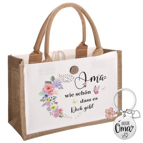 kodinsiivous Geschenke für Oma Personalisiert Jutetasche mit Schlüsselanhänger für Frauen Beste Oma und Mama Muttertagsgeschenk Geburtstagsgeschenk zum Geburtstag Muttertag