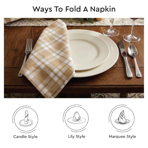Image of Encasa XO Dining Table Napkins Set of 12, 50x50 cm | Machine Washable Reusable, Recycled Cotton Cloth Napkin, Soft & Absorbent, Table Decor for Hotels, Farmhouse - White & Franca Beige Checks