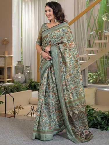 Image of Satrani Women's Linen Printed & Embroidery Ready To Wear Saree with Unstitched Blouse Piece