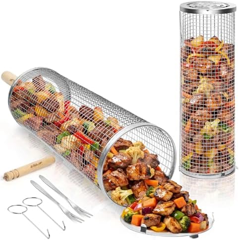 Ezilif Rollendes Grillkorb Set 304 Edelstahl mit Abnehmbarem Holzgriff | Grill Zubehör für Gemüse | Fleisch und Meeresfrüchte, Einsetzbar für Holzkohlegrill, Gasgrill, Camping Gadg