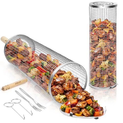 Ezilif Rollendes Grillkorb Set Abnehmbarem Holzgriff 304 Edelstahl Grill Zubehör für Gemüse Fleisch und Meeresfrüchte Einsetzbar für Holzkohlegrill Gasgrill Camping Gadgets Geschenke Geburtsta